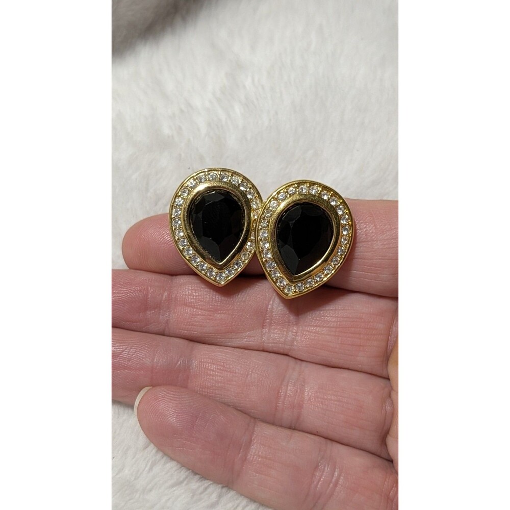 Vintage SWAROVSKI  S A L  Tear Drop Black & Clear Pave Crystals Clip-on Earrings